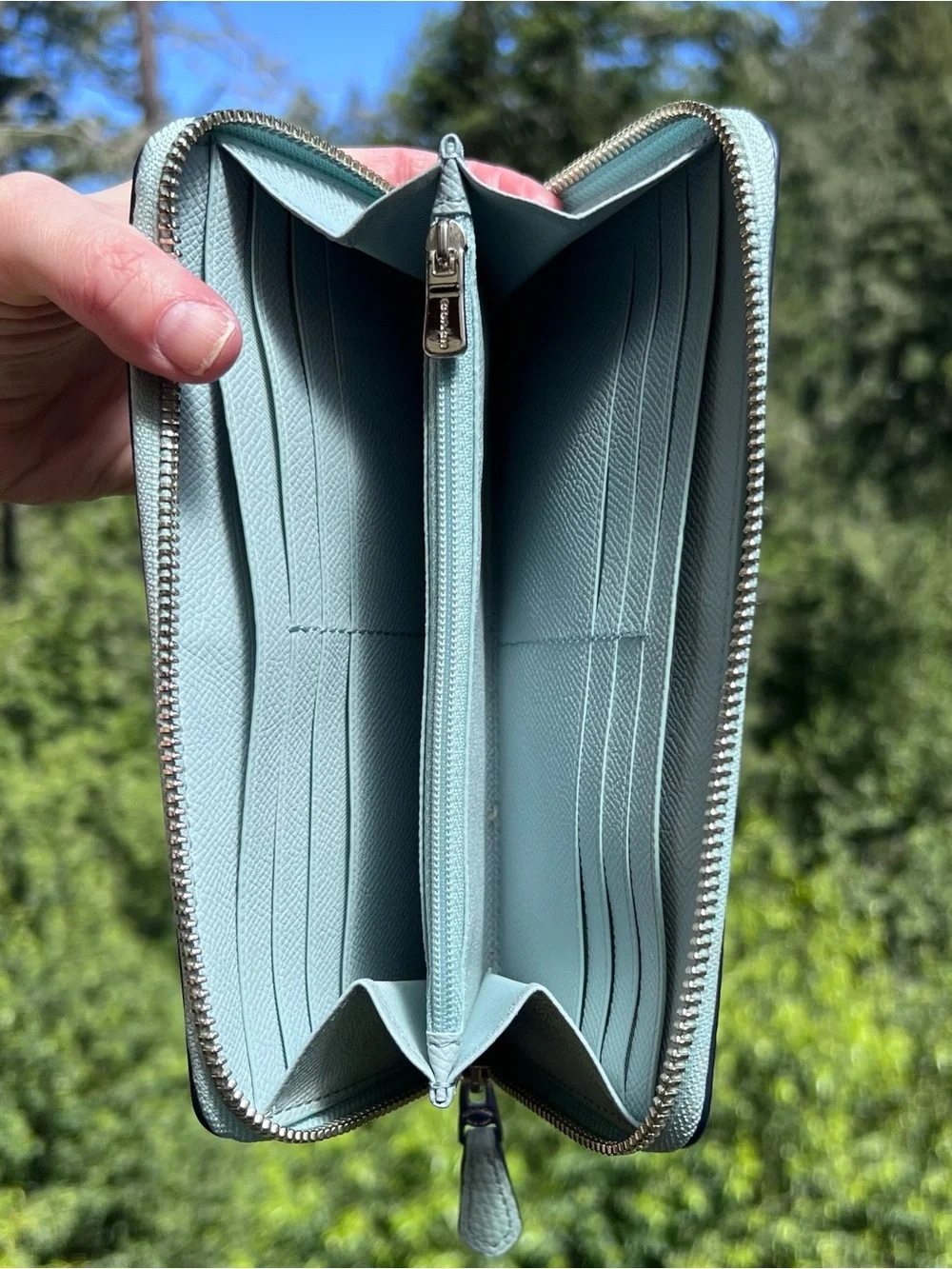 COACH Long Zip-Around Pebble Leather Wallet Sea Foam Green with Silver Hardware